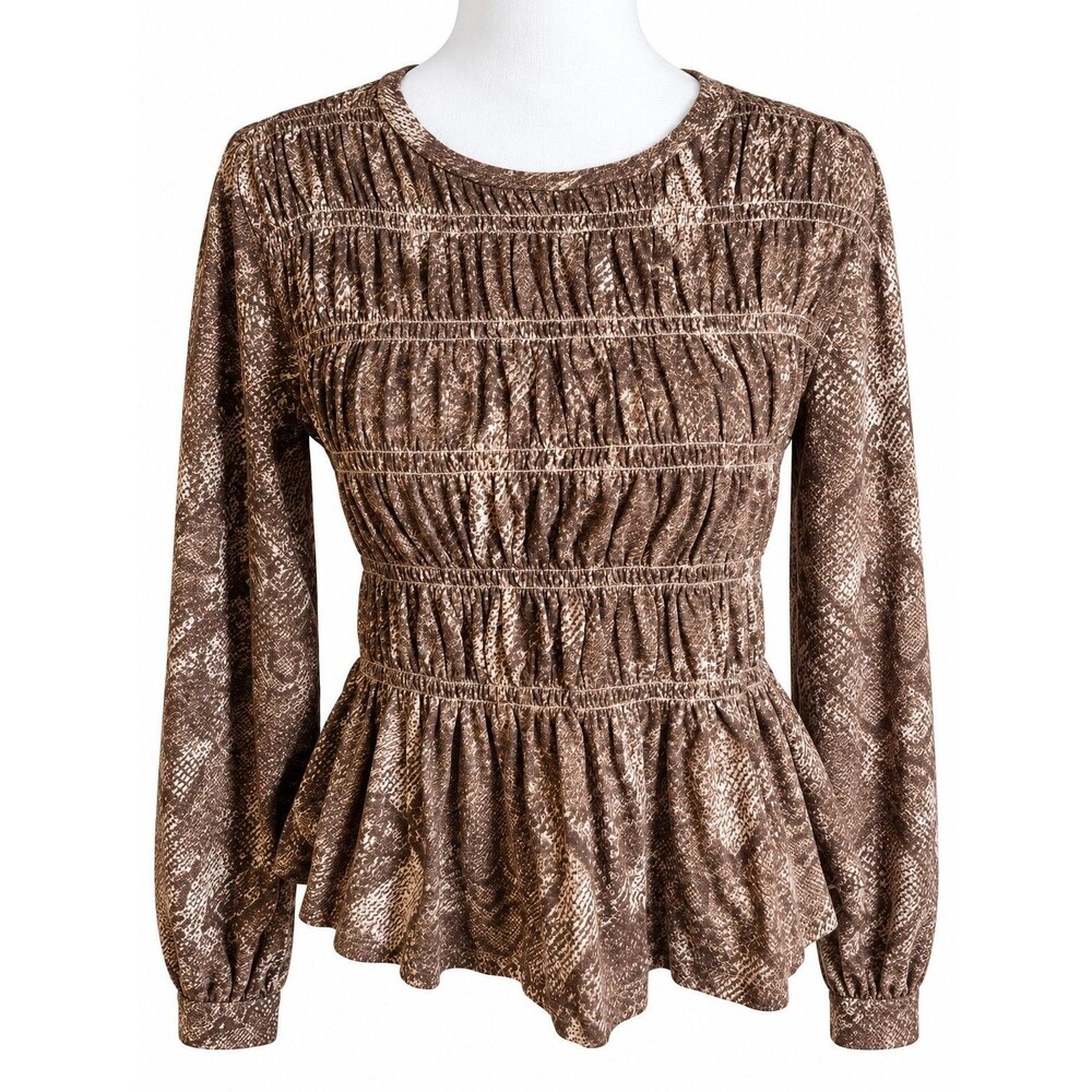 Pilcro Anthropologie Snake Print Ruched Peplum Long Sleeve Top XXS